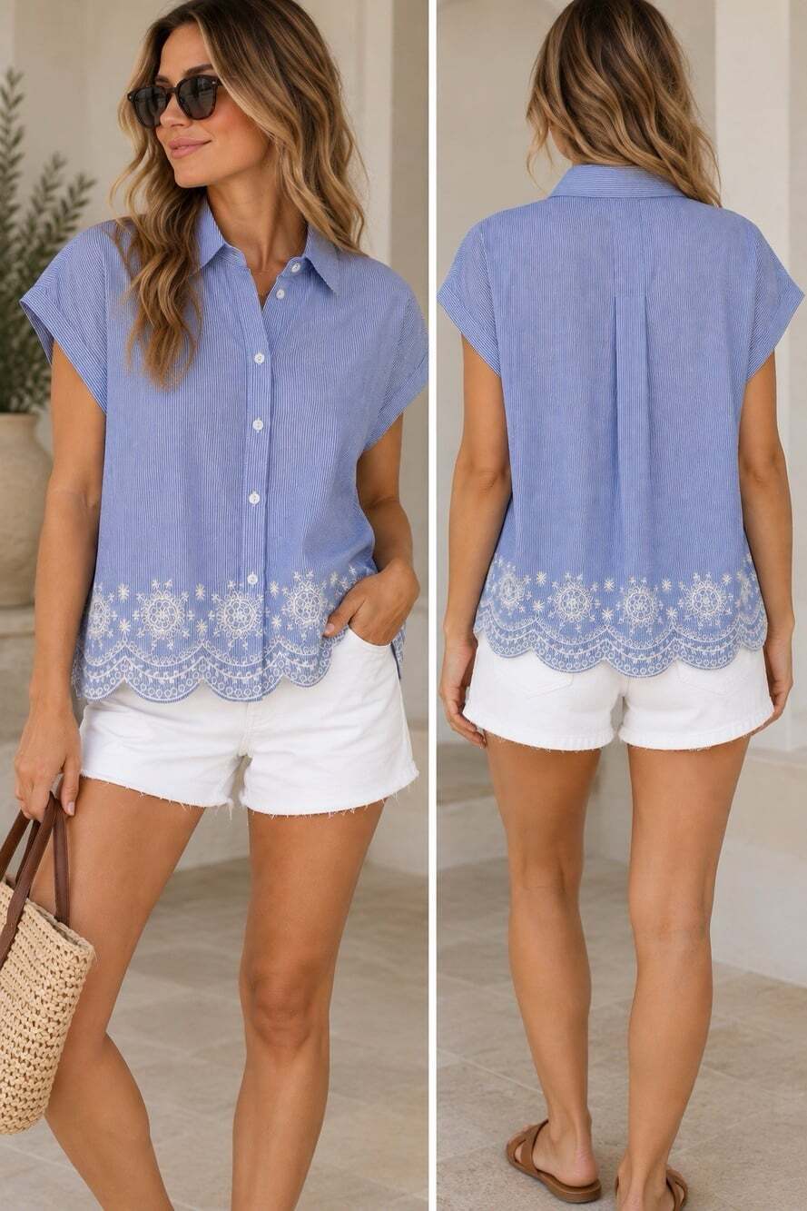TESE Blue White Stripe Embroidered Eyelet Lace Button Down Top